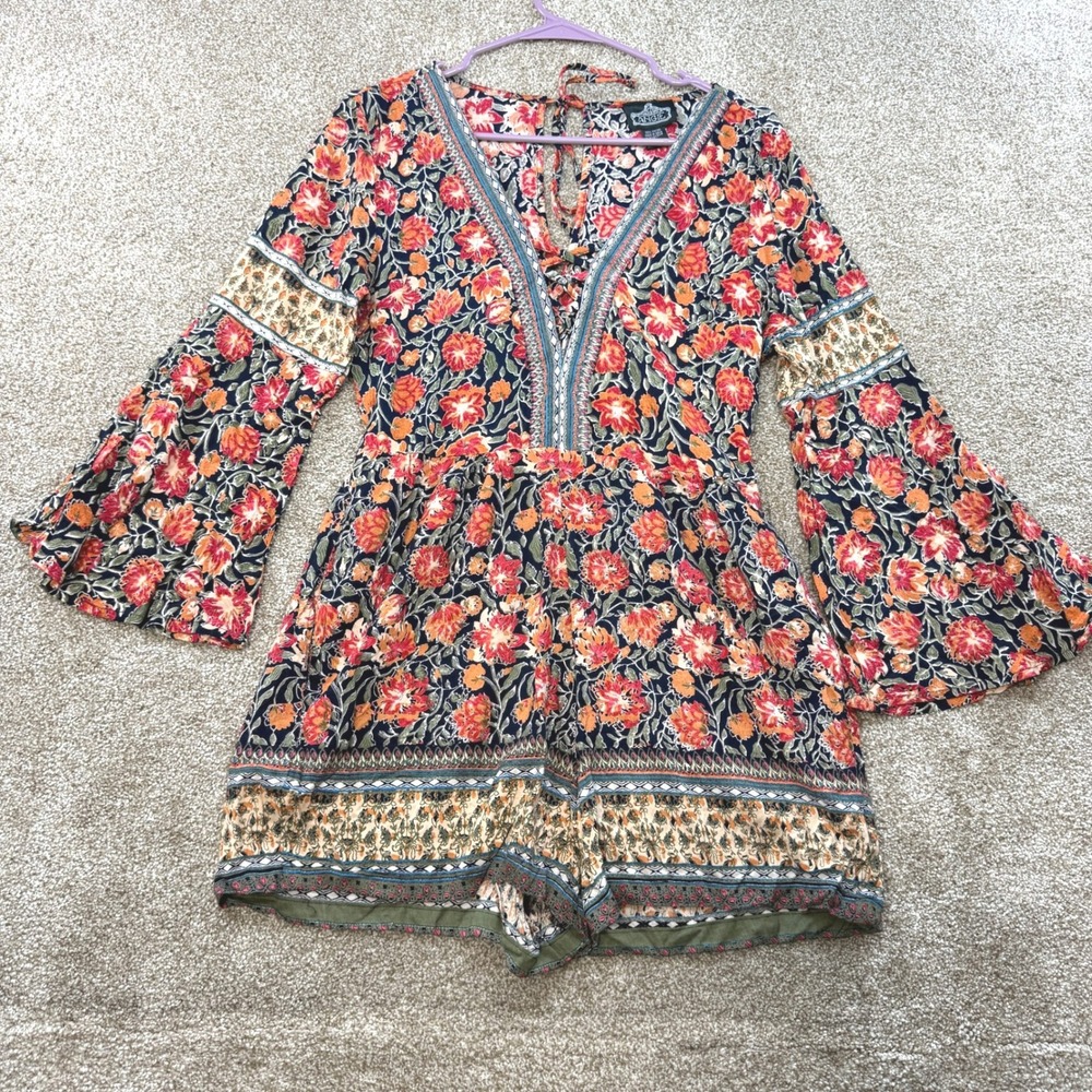 Angie Womens Medium Floral Bell Sleeve Lace Up V-Neck Romper Navy Orange Boho